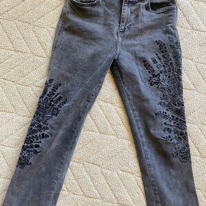 Free People Charcoal Embroidered Straight Leg Jeans